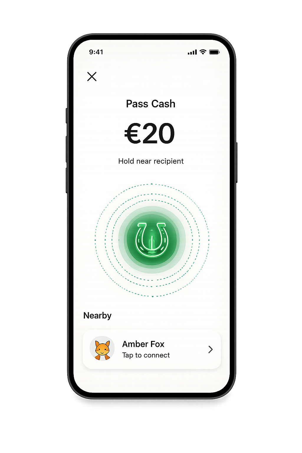 CASH app — Pass Cash screen showing a €20 transfer to Amber Fox